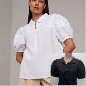 Hudson North Linen Puff Sleeve Blouse Navy Blue Textured Top Size Medium